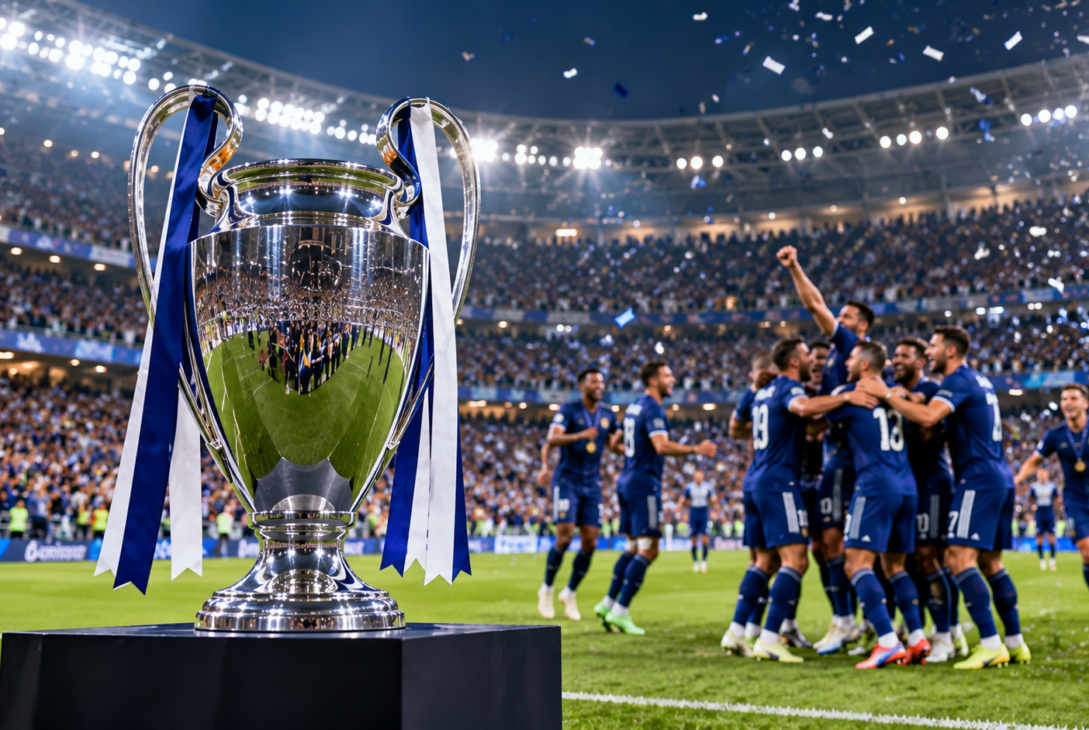 Club World Cup prize money and trophy displayed in a football stadium during an international club tournament.