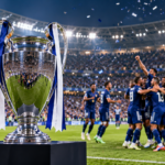 Club World Cup prize money and trophy displayed in a football stadium during an international club tournament.