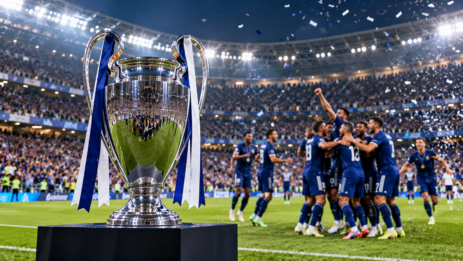 Club World Cup prize money and trophy displayed in a football stadium during an international club tournament.
