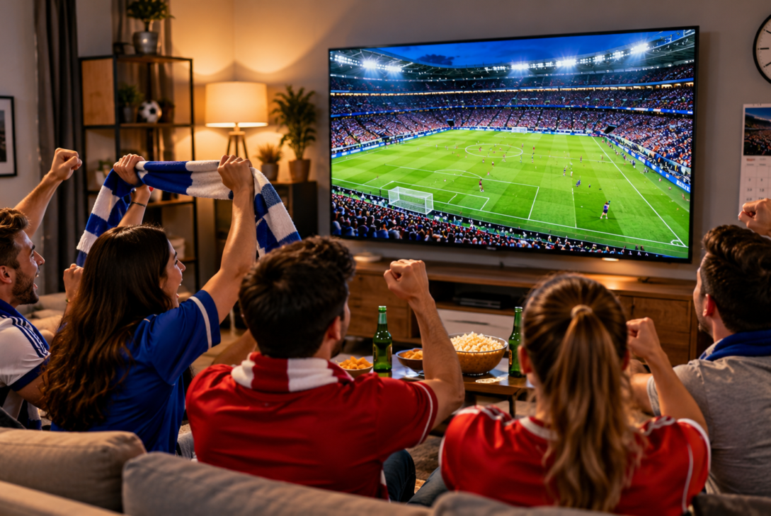 Football supporters checking the World Cup schedule and match fixtures before an international tournament game.