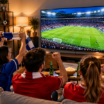 Football supporters checking the World Cup schedule and match fixtures before an international tournament game.