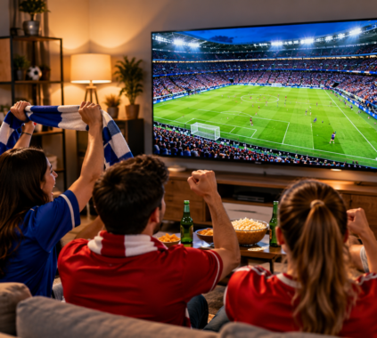 Football supporters checking the World Cup schedule and match fixtures before an international tournament game.