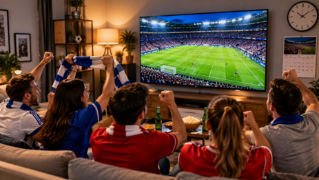 Football supporters checking the World Cup schedule and match fixtures before an international tournament game.