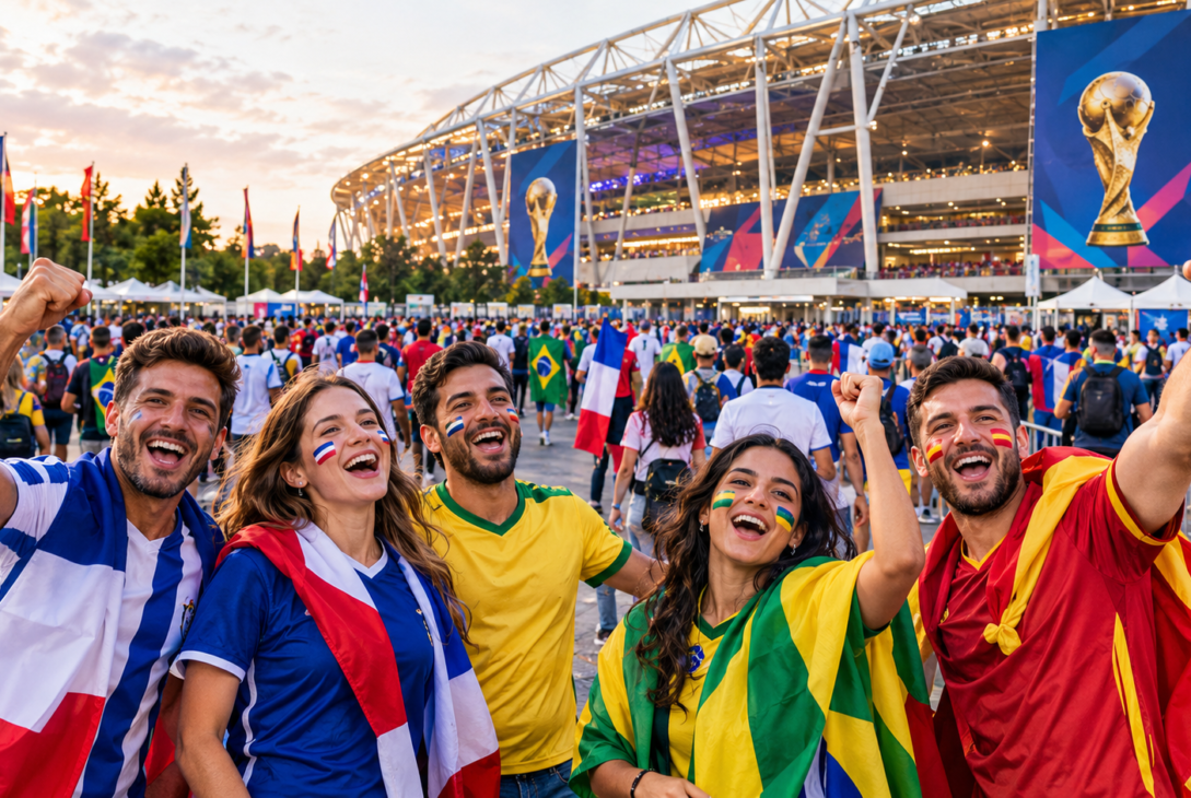 Football supporters preparing to attend a FIFA World Cup match with stadium seating and a match-day atmosphere in the background.