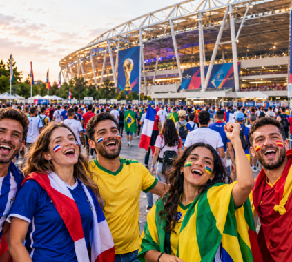 Football supporters preparing to attend a FIFA World Cup match with stadium seating and a match-day atmosphere in the background.
