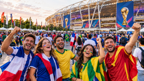 Football supporters preparing to attend a FIFA World Cup match with stadium seating and a match-day atmosphere in the background.
