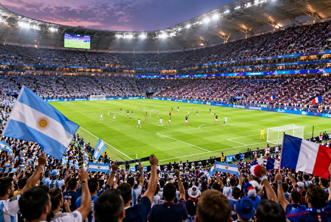 World Cup host country football stadium filled with supporters during an international tournament.