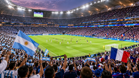 World Cup host country football stadium filled with supporters during an international tournament.