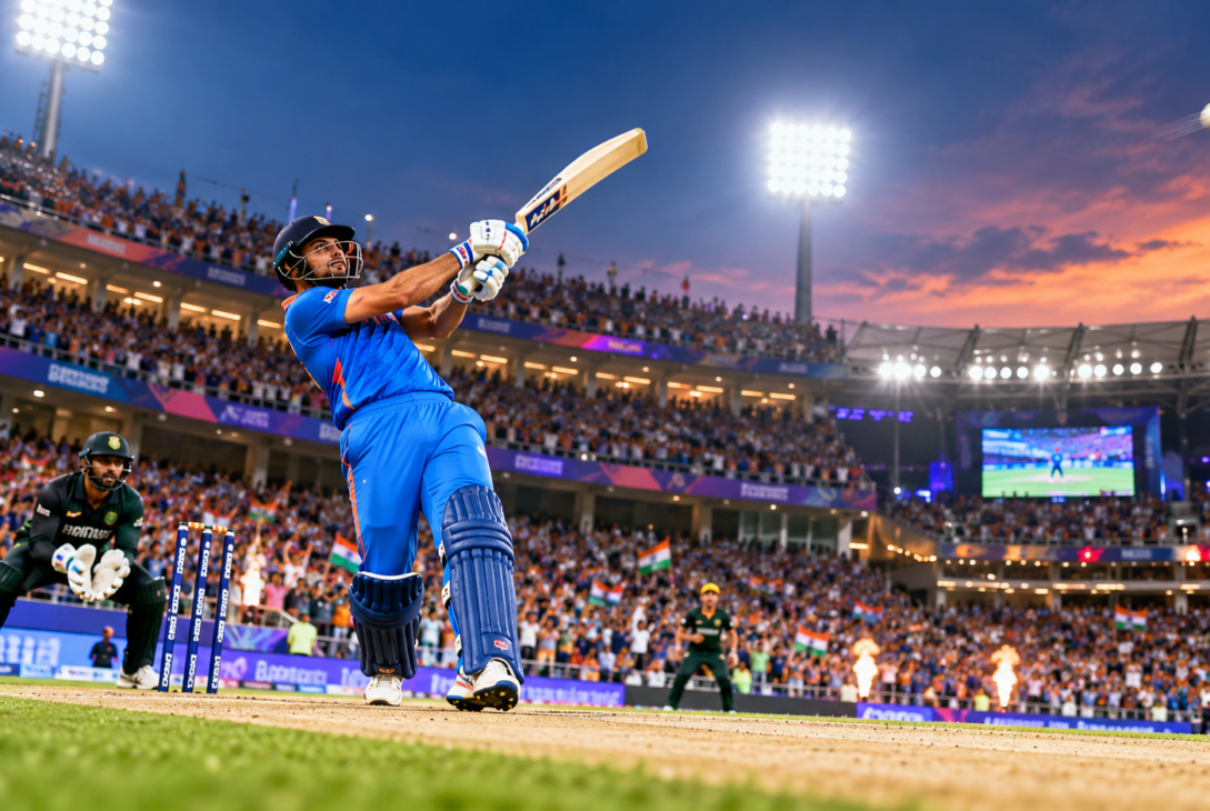 T20 World Cup batting records featuring a cricket batter playing an attacking shot during an international match.