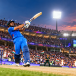 T20 World Cup batting records featuring a cricket batter playing an attacking shot during an international match.
