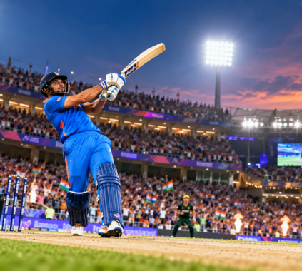 T20 World Cup batting records featuring a cricket batter playing an attacking shot during an international match.
