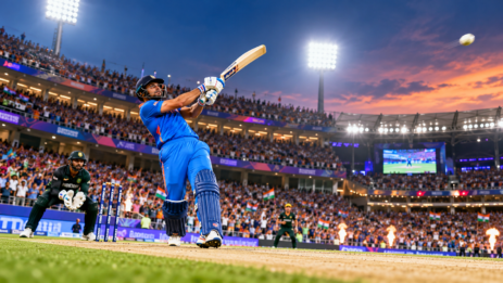 T20 World Cup batting records featuring a cricket batter playing an attacking shot during an international match.