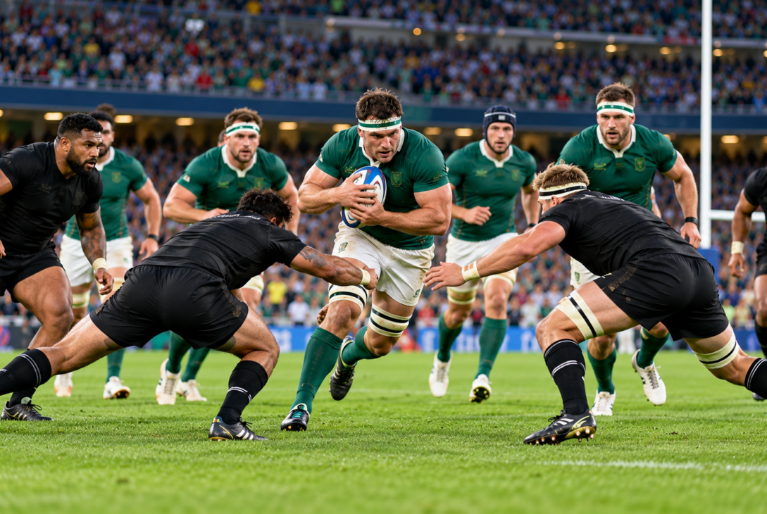 International rugby teams competing in a Rugby World Cup match in a packed stadium.